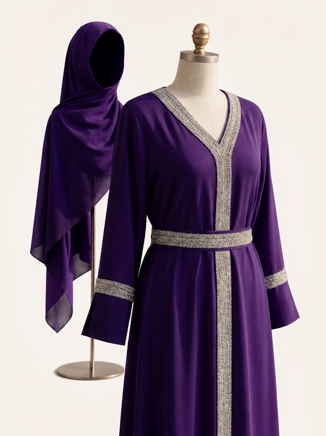 Elegant Metallic Trim Abaya Maxi Dress – Luxurious Long Sleeve Muslimah Kaftan