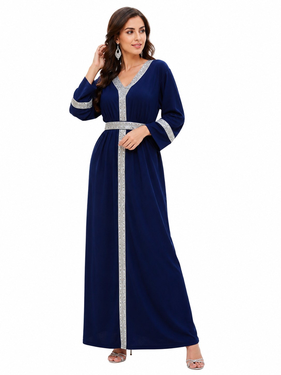 Elegant Metallic Trim Abaya Maxi Dress – Luxurious Long Sleeve Muslimah Kaftan