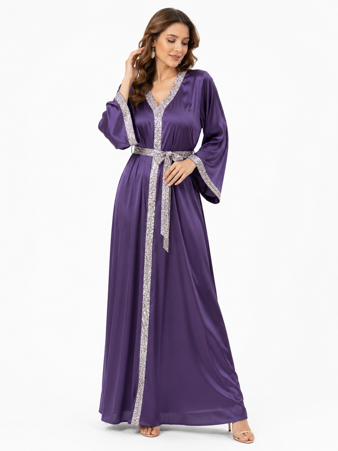 Elegant Metallic Trim Abaya Maxi Dress – Luxurious Long Sleeve Muslimah Kaftan