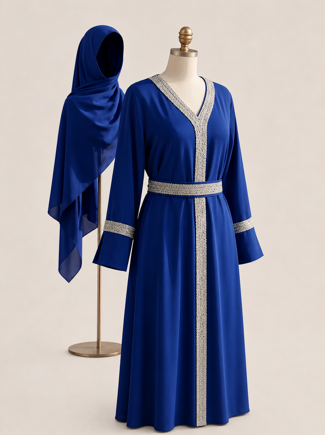 Elegant Metallic Trim Abaya Maxi Dress – Luxurious Long Sleeve Muslimah Kaftan