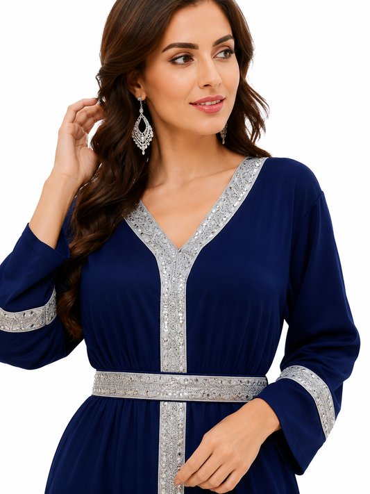 Elegant Metallic Trim Abaya Maxi Dress – Luxurious Long Sleeve Muslimah Kaftan