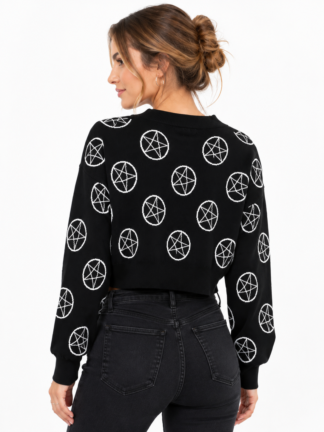 Gothic Pentagram Cropped Cardigan – Alt-Fashion Knit Button-Down Sweater