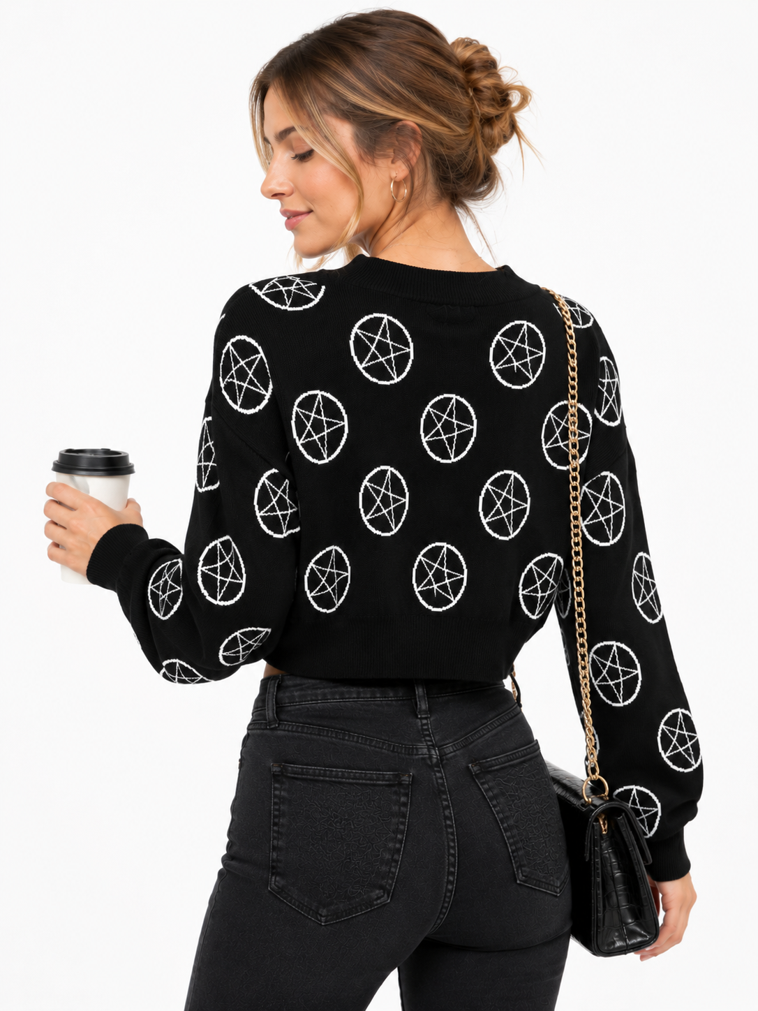 Gothic Pentagram Cropped Cardigan – Alt-Fashion Knit Button-Down Sweater