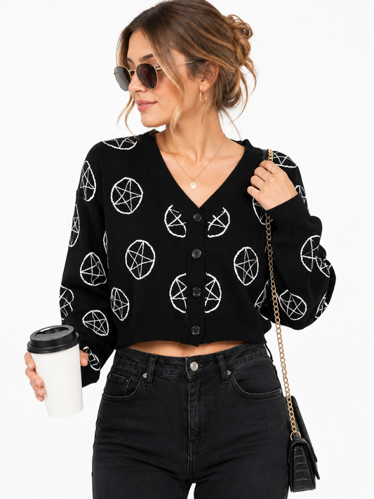 Gothic Pentagram Cropped Cardigan – Alt-Fashion Knit Button-Down Sweater