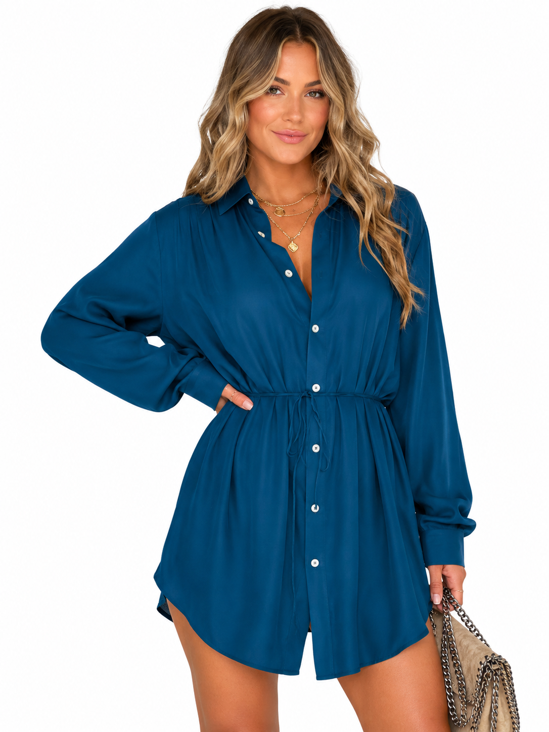 Women's Long Sleeve Jumpsuit With Button Fashion Shirt Dress